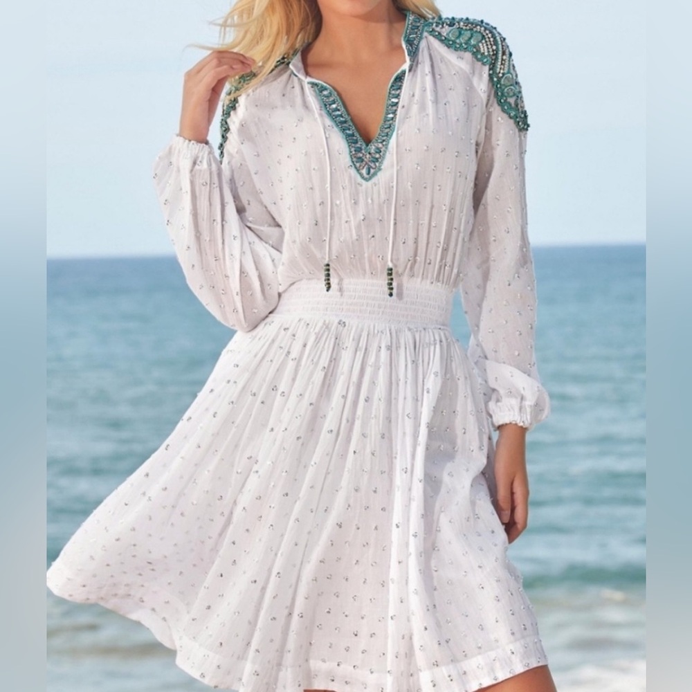 Boston Proper White Fit and Flare Dress with Teal Beads and Silver Sequins